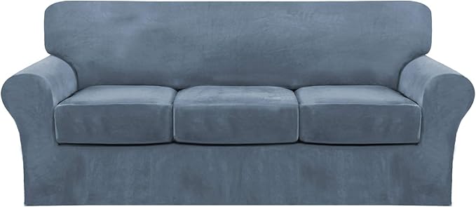 FantasDecor 4 Piece Sofa Velvet Couch Covers for 3 Cushion Stretch Slipcover with Individual Seat Cushion Elastic Furniture Protector for Pets, Machine Washable (Sofa,Stone Blue)
