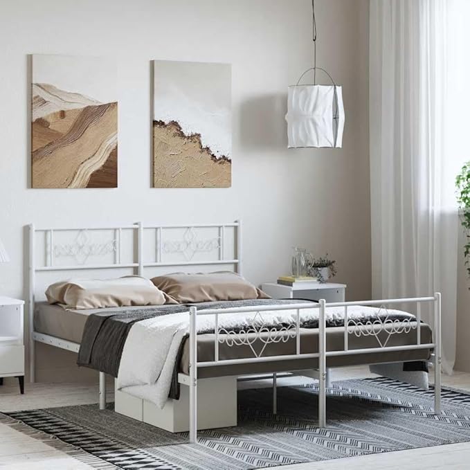 Traditional Double Metal Bed Frame with White Powder-Coated Steel, Durable Heavy Duty Construction for Master Bedroom or Guest Room, Ample Underbed Space, Timeless Elegant