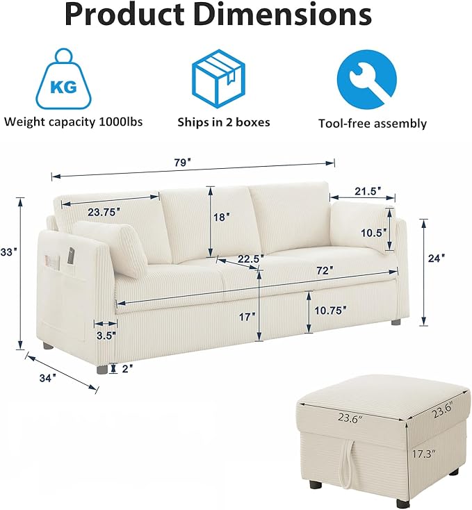 79" L Shaped Couch with Storage Ottoman, 3 Seater Corduroy Sofa with 2 Pillows and Storage Pockets, Convertible Small Couches for Living Room, Apartment, Small Spaces, Home Office, Grey