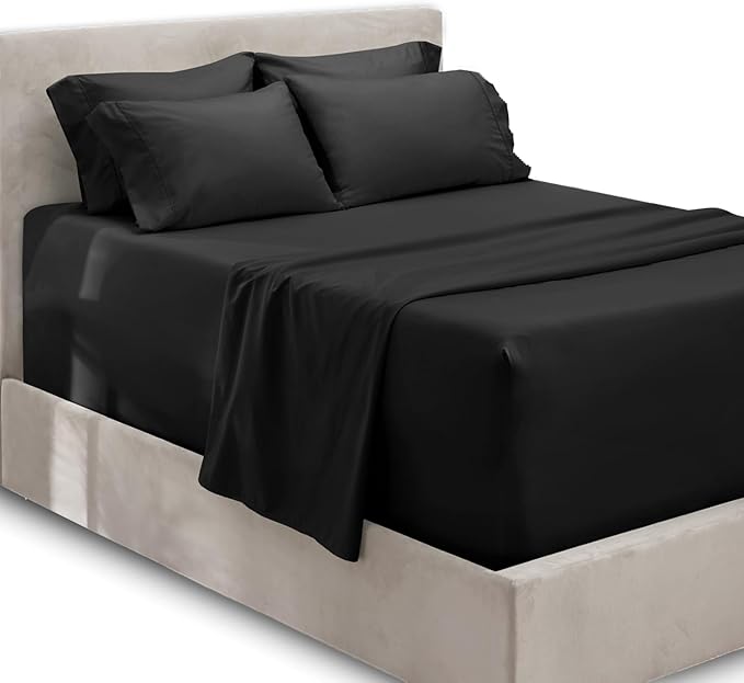 Hearth & Harbor Extra Deep Pocket Queen Sheets Sets - Fits Mattress 18-24 Inches Deep - Extra Deep Pocket Sheets - 6 Piece Queen Size - Black