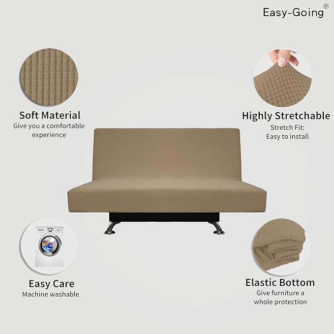 Easy-Going Stretch Futon Slipcover Armless Futon Bed Cover Furniture Protector Without Armrests with Elastic Bottom for Kids, Soft Jacquard Fabric Small Checks (Medium, Tan)