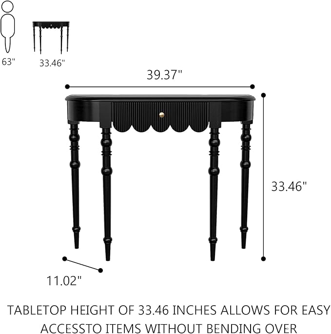 Solid Wood Console Table with Drawer – Black Entryway Table with Scalloped Edge and Straight Legs, Narrow Accent Sofa Table for Living Room or Hallway(Black)