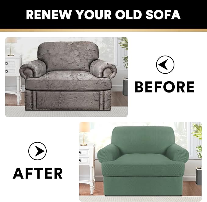 PrinceDeco 2 Pieces T Cushion Chair Slipcover Stretch Couch Covers for T Cushion Sofa Slipcovers Chair Covers for Armchair with 1 Individual T Shape Seat Covers (29"-40")- Loden Frost