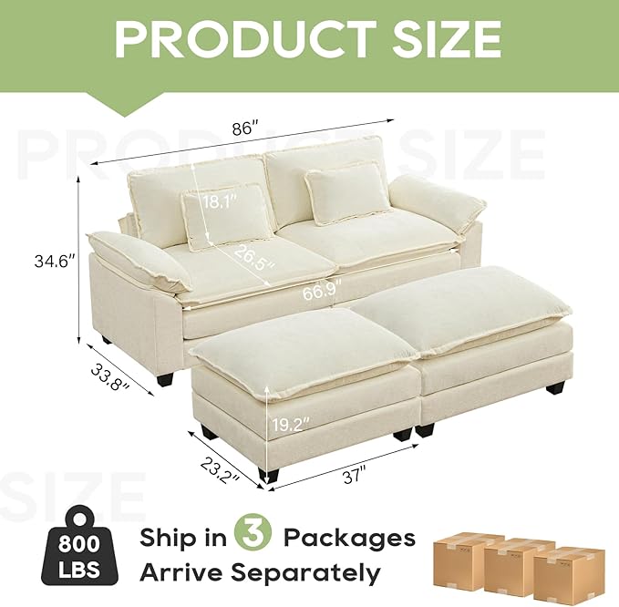 86" Modular Sectional Sofa, Comfy Cloud Couch Sectional Sofa with Ottoman, Chenille Sofa Sleeper Deep Seat Sofa with Throw Pillows for Living Room (Beige White)