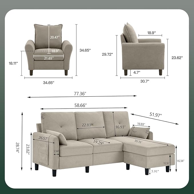 Convertible Sectional Sofa, 77" Small L Shaped 3 Seat Couch with Reversible Storage Chaise, and Accent Chair Set Modern Polyester Fabric Sofa Couches for Living Room, Apartment, Beige
