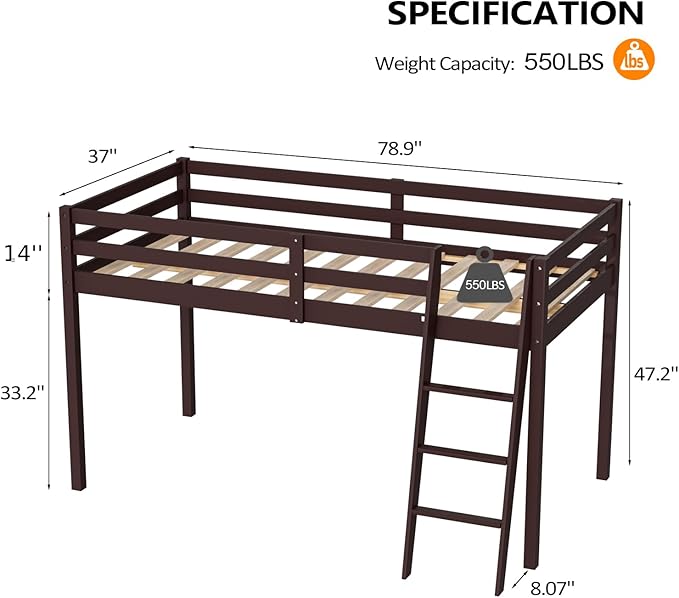 VINGLI 47'' Tall Junior Low Loft Bed with Stairs, Wood Loft Bed Twin Size for Adults, Kids and Young Teens, No Box Spring Required,Wood Slat Support, Espresso