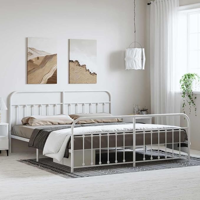 Bed Frame White Powder-Coated Steel Full Bed Frame Rectangular headboard Bedroom Furniture for Bedroom