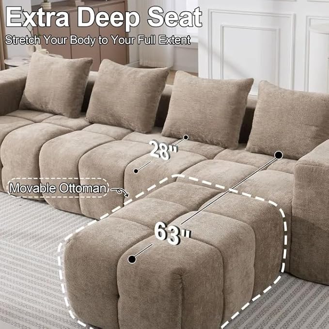 119" Boneless Couch, Cloud Sectional Couch with Deep Seat, High-Density Memory Foam and Chaise, Sectional L Shaped Sofa, Boneless Couches for Living Room, No Assembly Required Tufted Sofa, Brown