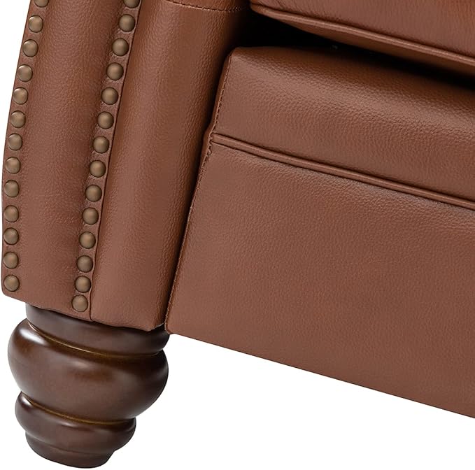 HULALA Home 81'' Genuine Leather Sofa with Nailhead Trim and Rolled Armrests, Mid-Century Modern Living Room 3-Seater Couch, Brown Couch with Removable Cushion for Bedroom Apartment