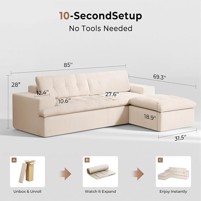 Cloud Sectional Boneless Sofa with Ottoman, Modular L Shaped Couch with Layered Cushion, Fluffy Comfy Couches for Living Room, No Assembly, Beige