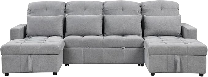 Harper & Bright Designs 110.2" Oversized U-Shaped Sofa Versatile Sectional Sofa Pull-Out Sofa Bed with Double Storage Chaise Lounges and Two USB Ports for Living Room,Gray