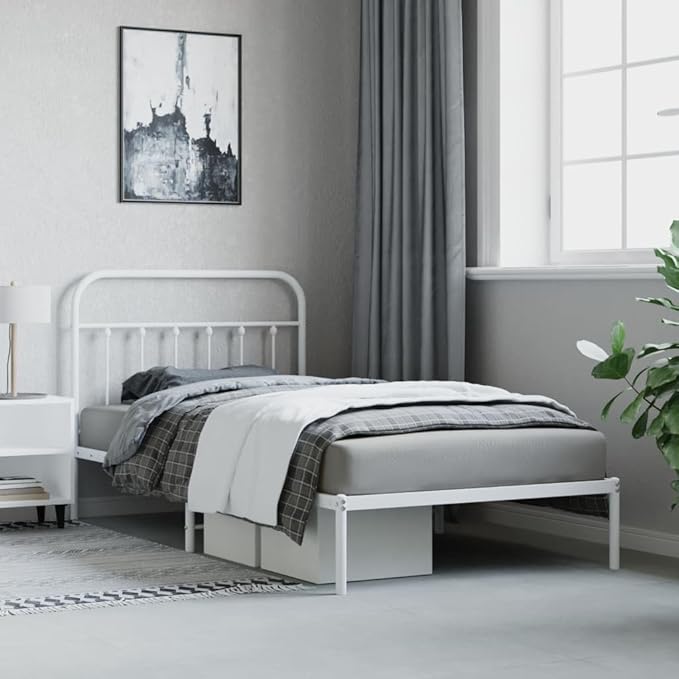 Bed Frame White Steel Twin Bed Frame Rectangular Industrial headboard Bedroom Furniture for Guest Room
