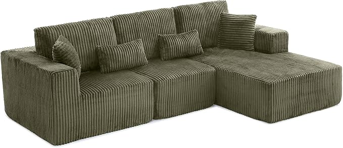 110" Cloud Sectional Couch, Modular Sectional Sofa with Deep Seat, Corduroy Upholstered Boneless Couch for Living Room Bedroom, Right Facing Chaise (Green)