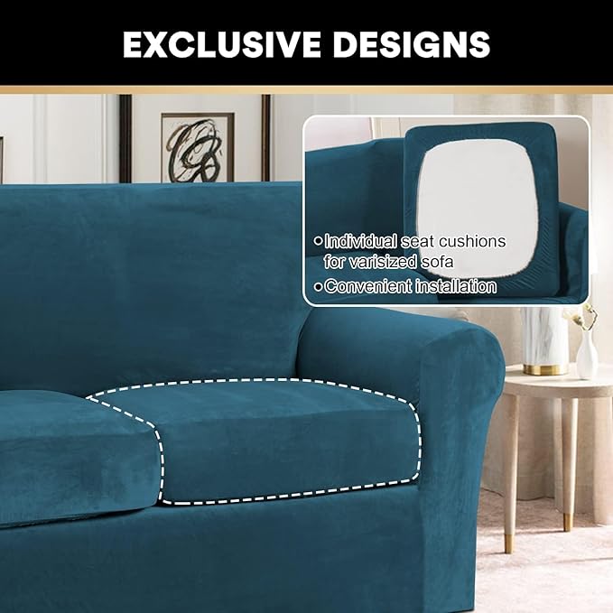 PrinceDeco Velvet Couch Covers for Sofa Soft 4 Pieces Couch Covers for 3 Cushion Couch Sofa Pet Friendly Furniture Protector with Non Slip Elastic Bottom Width Up to 97 Inch (Large Sofas, Deep Teal)