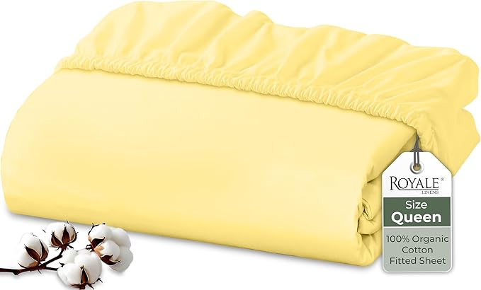 Royale Linens 100% Organic Cotton Fitted Sheet - Percale Weave - Super Soft Deep Pocket Bottom Sheets - Elastic Sheet Queen Size - Queen Fitted Sheets Only - (60"x80"+15", Yellow)