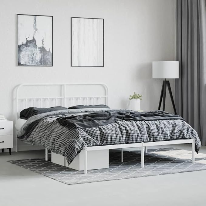 Bed Frame White Powder-Coated Steel Double Bed Frame headboard Bedroom Furniture for Guest Room