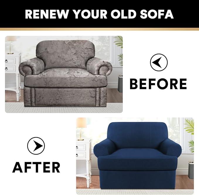 PrinceDeco 2 Pieces Armchair Slipcover Stretch Couch Covers for T Cushion Chair Slipcovers Soft Arm Chiar Cover Furniture Covers with 1 Individual T Shape Seat Covers Width Up to 40"- Navy
