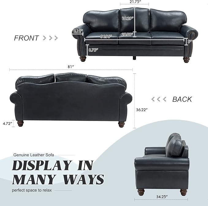 HULALA Home 81'' Genuine Leather Sofa with Removable Cushion, Mid-Century Modern Living Room 3-Seater Couch, Full Grain Leather Couch with Nailhead Trim and Rolled Arm for Bedroom Apartment, Navy