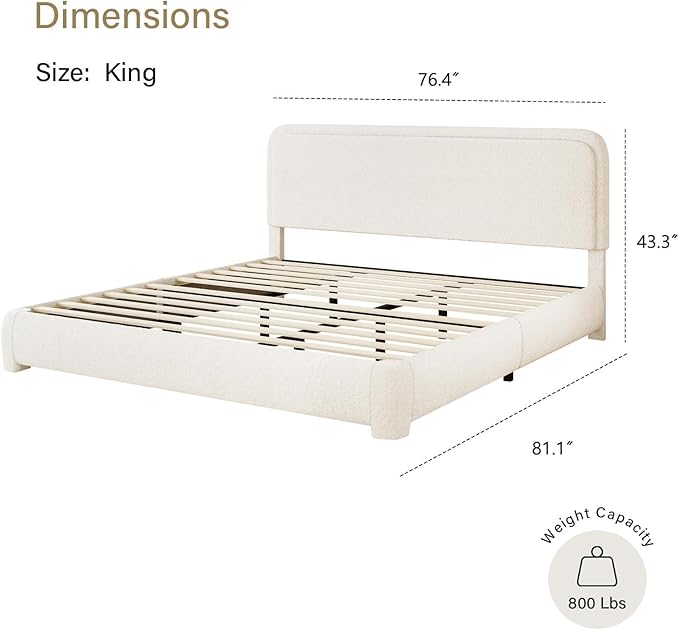 BarnFurin Boucle Upholstered Bed Frame King Size/Cloud Bed Frame/Soft Rounded Corners Headboard/Low Profile/No Box Spring Needed/Non-Slip and Noise-Free/Cream