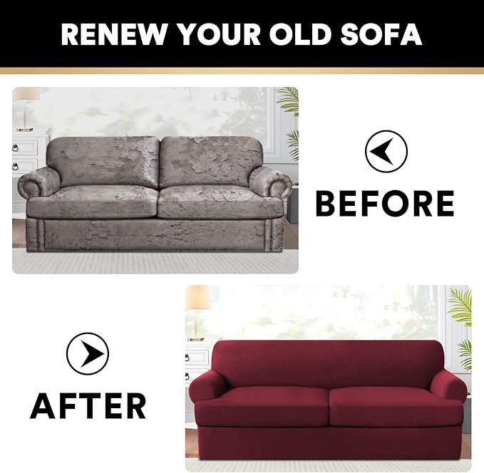 PrinceDeco T Cushion Sofa Slipcover 3 Pieces Sofa Covers for T Cushion Couch Soft Couch Covers Sofa Slip Cover Furniture Covers with 2 Individual T Shape Seat Covers Width Up to 88", Burgundy
