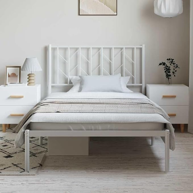 Bed Frame White Steel Single Bed Frame Rectangular Frame for Bedroom