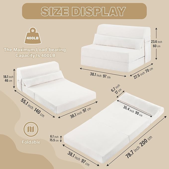 Tiita Convertible Folding Sofa Bed Twin Size for Adults with Pillow, Plush Fabric Floor Mattress Couch Bed, Washable Cover & Side Pocket, Guest Room, Dorm, Apartment, Living Room, Beige