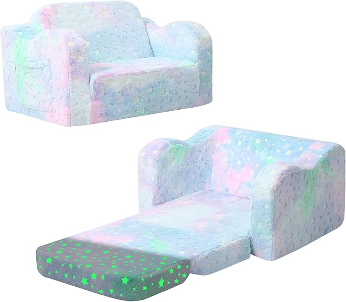 MeMoreCool Glowing Pastel Rainbow Kids Chair, 2-in-1 Foldable Kids Couch and Kids Sofa for Playroom Nursery, Soft Foam Fold Out Kids Couch with Glow-in-the-Dark Stars, Washable Cover | Reading, Lounging