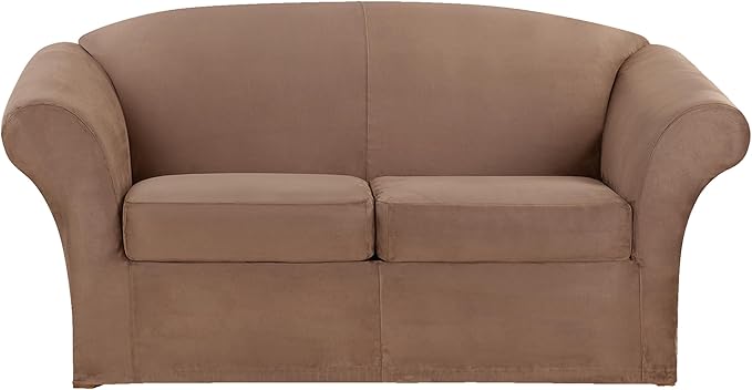 SureFit Ultimate Stretch Suede 3 Piece Box Loveseat Slipcover in Luggage