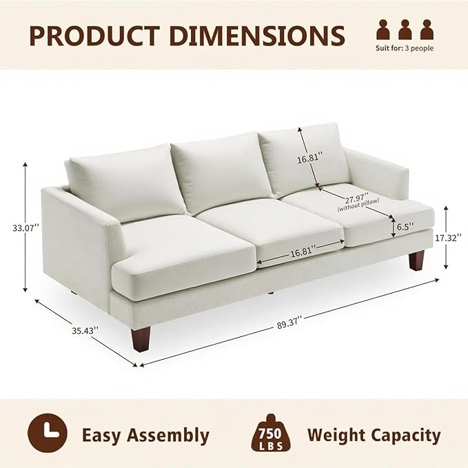 Mid Century Modern Couches for Living Room, 89" Comfy Couch Sofa with 3-Seater Deep Seats, Upholstered Sofas for Living Room, Office Apartment, Bedroom, Beige