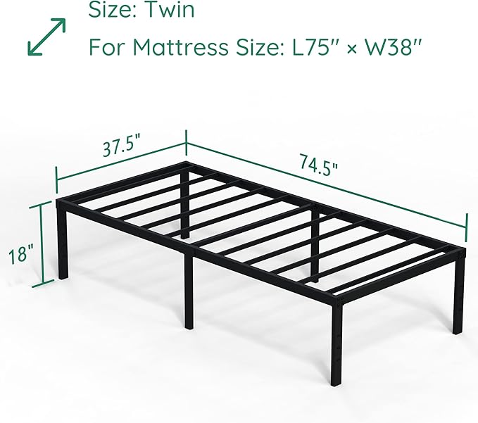 DiaOutro 18 Inch Twin Bed Frame Heavy Duty No Box Spring Needed Metal Platform with Maximum Storage, Easy Assembly, Noise Free, Black