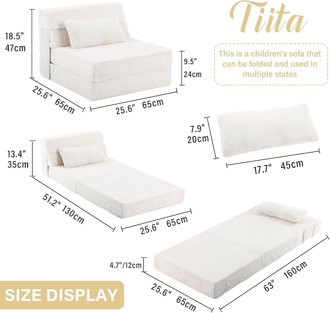 Tiita Convertible Folding Kids Sofa Bed with Pillow & Storage Bag, Plush Fabric Floor Mattress Couch Bed, Washable Cover, Kids Room, Playroom, Dorm, Apartment, Beige