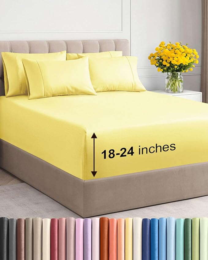 Extra Deep Full Sheet Set - 6 Piece Breathable and Cooling Sheets - Hotel Luxury Bedding for Women, Men, Kids & Teens - Easy & Secure Fit - Soft, Wrinkle Free and Comfy - Extra Deep Pockets - Yellow