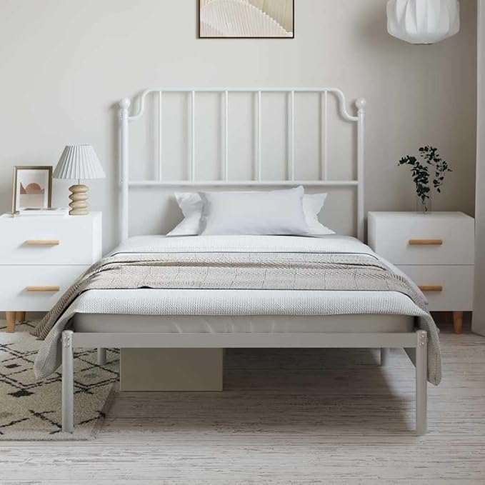 White Powder-Coated Steel Single Bed Frame, Platform Mattress Support, No Box Spring Needed, 41.3x81.5x40.2 Inch, Guest Room Storage Solution