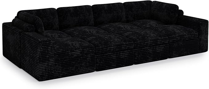 Boneless Modular Sectional Sleeper Sofa Bed Plush Corduroy Cloud Sectional Couches for Living Room with Deep Seat. Black Couch.