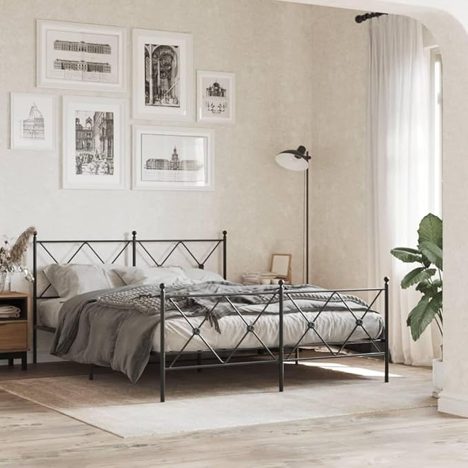 King Size Metal Bed Frame with Headboard and Footboard, Sturdy Steel Construction, Timeless Black Powder Coating for Classic and Modern Bedrooms, Under Bed Storage Space,