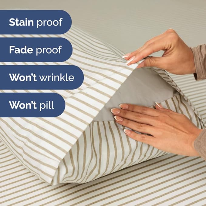 Extra Deep Cal King Sheet Set - 6 Piece Breathable and Cooling Sheets - Hotel Luxury Bedding for Women, Men, Kids & Teens - Easy Secure Fit - Soft & Wrinkle Free - Extra Deep Pockets - Beige Stripes