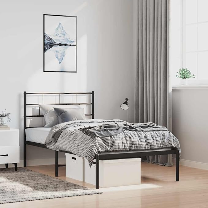 Black Single Metal Bed Frame 39.4 x 74.8 in Modern Steel Platform for Bedroom, 330 lb Load, 11.8 in Under-Bed Storage, Easy Assembly for Adult Sleepers