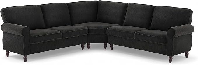 ONBRILL 101" L Shaped Couch, Sectional Corner Sofa with Rolled Arms, 5 Seater Chenille Fabric Couch w/Springs Seat Cushion, Wooden Legs, Comfy Oversized Sofa for Living Room, Apartment, Black