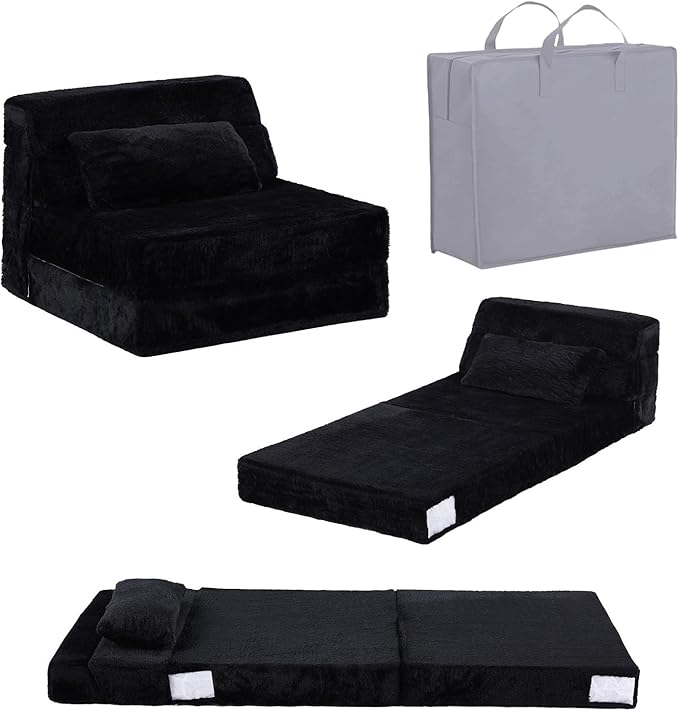 Tiita Convertible Folding Kids Sofa Bed with Pillow & Storage Bag, Plush Fabric Floor Mattress Couch Bed, Washable Cover, Kids Room, Playroom, Dorm, Apartment, Black