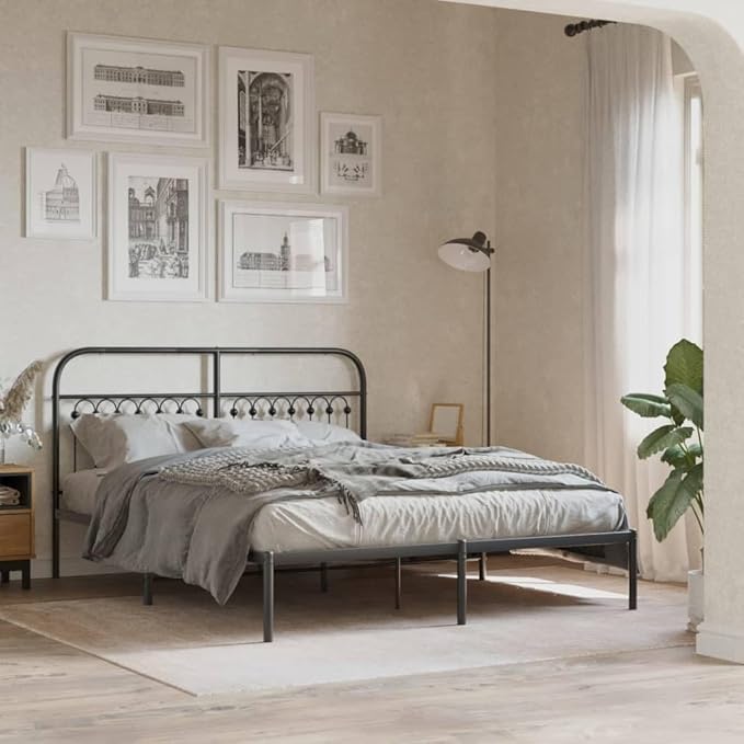 King Size Metal Bed Frame with Headboard, Sturdy Steel Construction, Matte Black Finish for Modern Bedroom Decor, Breathable Slats for Enhanced Airflow and