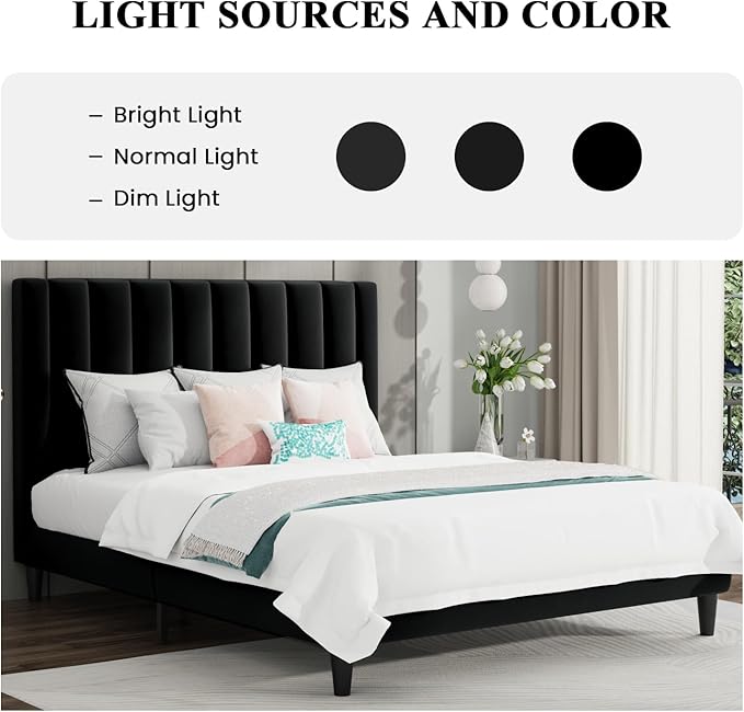 SHA CERLIN Full Bed Frame/Velvet Upholstered Platform Bed Frame with Headboard/Strong Wood Slats Support/Mattress Foundation/No Box Spring Needed - Black