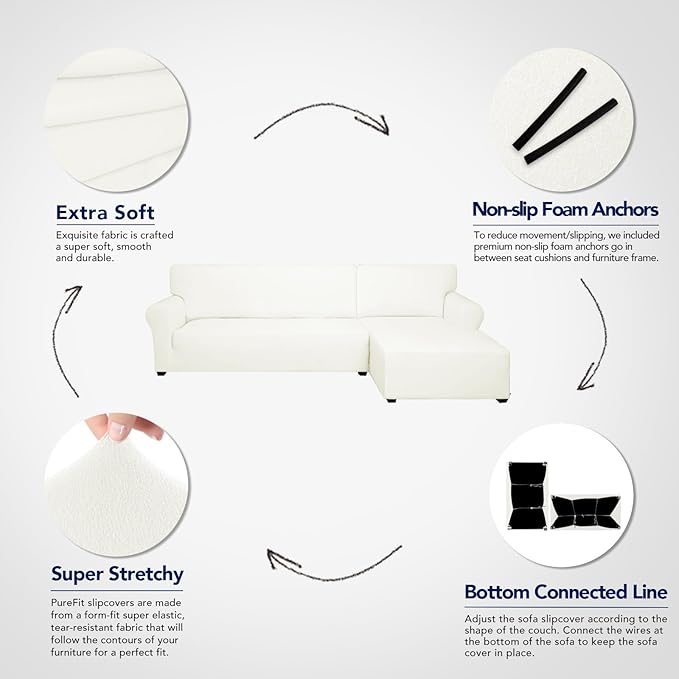 PureFit Super Stretch Sectional Couch Covers - 2 pcs Spandex Non Slip Sofa Covers with Elastic Bottom for L Shape Sectional Sofa Couch, Great for Kids & Pets (3 Seat Sofa + 2 Seat Chaise, Ivory)