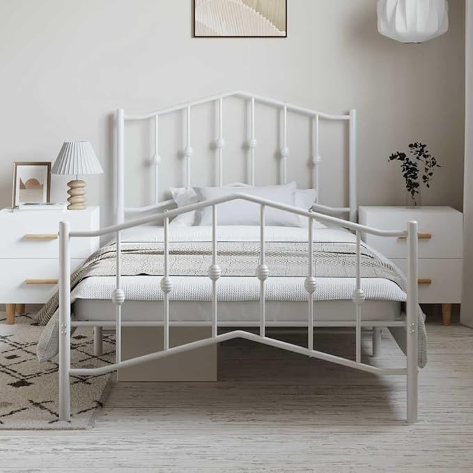 Modern Minimalist Steel Bed Frame with Headboard and Footboard Storage, Bright White Powder-Coated Finish, 41.3in x 77.2in, Easy Assembly for Adult and Guest Rooms