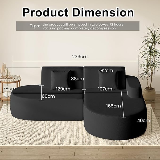 Modern Curved Boneless Sofa Couch, L-Shaped Corner Sofa, Chenille Upholstered Cloud Sectional Couch for Living Room, Bedroom and Apartment,No Assembly Needed(Black, Right Hand Facing)