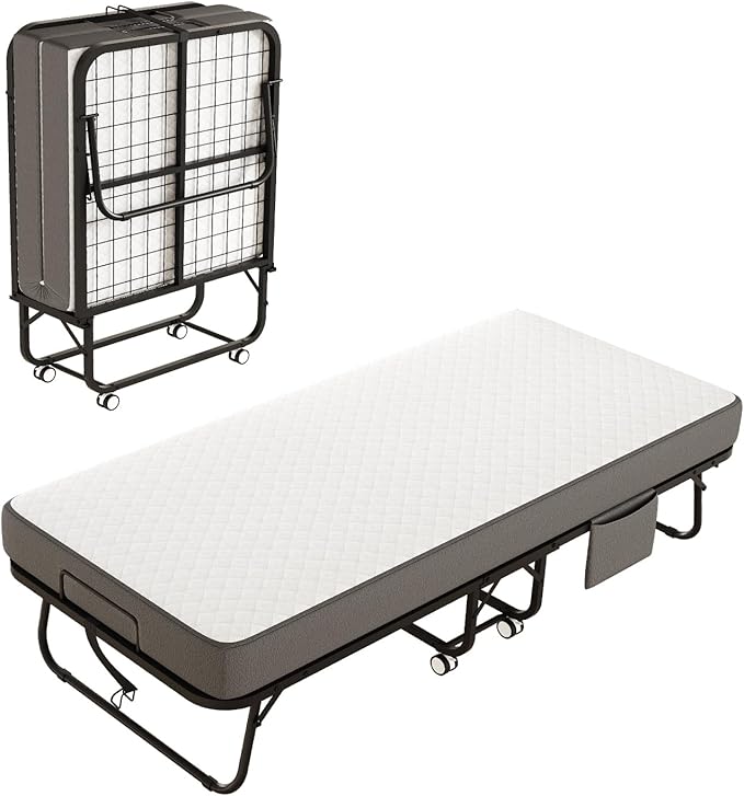 Folding Bed with Mattress, 75" x 31" Rollaway Bed with Memory Foam Mattress for Adults, Portable Foldable Guest Bed with Metal Frame, Luxury Single Bed for Home& Office Space Saving