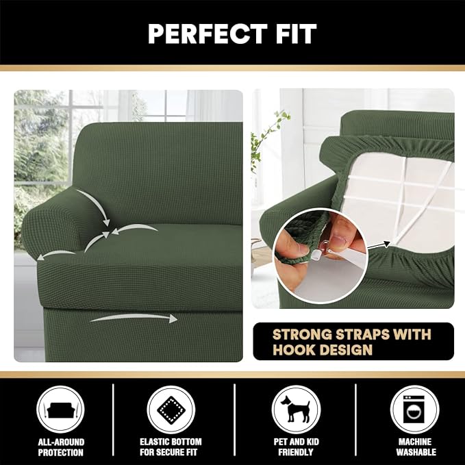 PrinceDeco T Cushion Loveseat Slipcover - 3 Pieces Sofa Cover for 2 Cushion Couch with 2 Individual T Shape Seat Covers Width Up to 76 Inch - Stretch, Machine Washable, Bronze Green