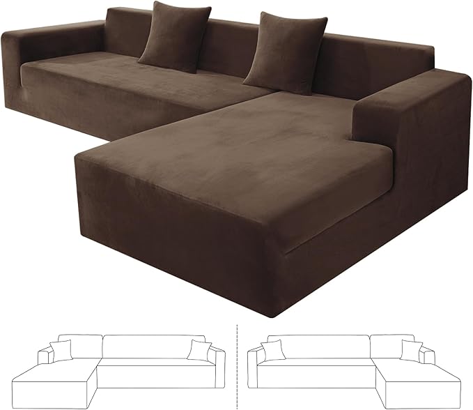 ZNSAYOTX 2026 Soft Velvet Sectional Couch Covers, Luxury Plush Slipcovers with Elastic Bottom for L Shape Sectional Sofa, 2 Pcs Pet Friendly Protector (3 Seat Couch + 2 Seat Chaise, Dark Coffee)
