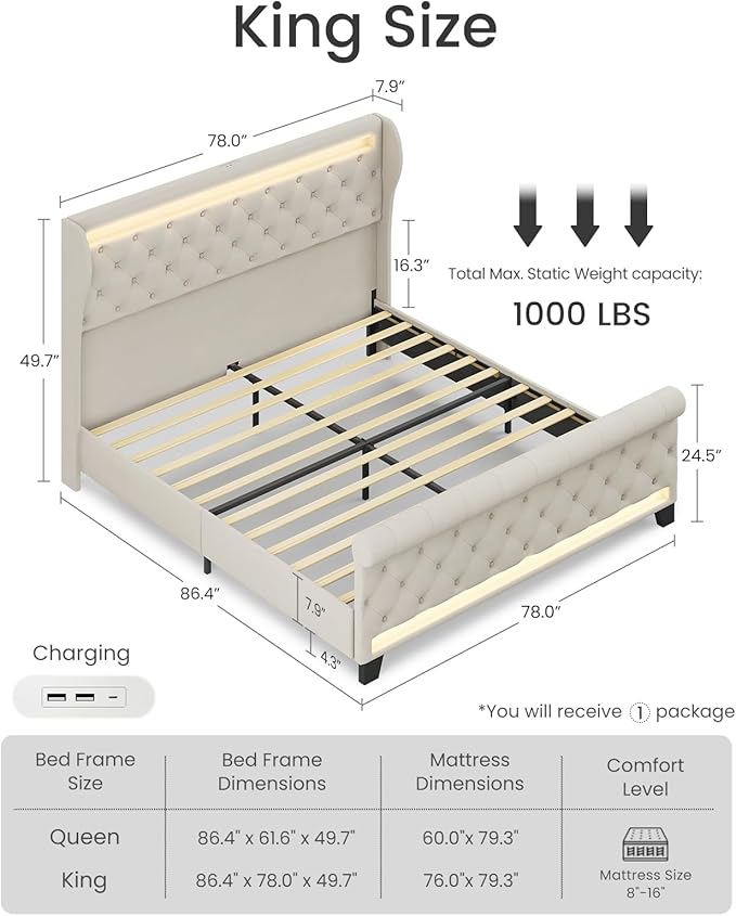 Belffin King Size Bed Frame with Headboard,50" Tall Headboard Upholstered Velvet Platform Bed with LED Lights & 2 USB Port/1 Type C Port, Button Tufted, No Box Spring Needed,Noise Free,Beige