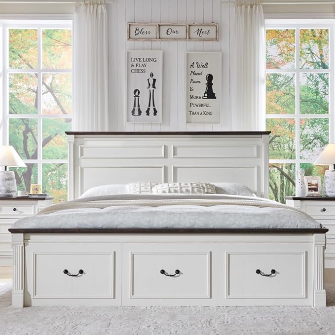 Aitjunz Farmhouse King Size Bed Frame with 51" Tall Headboard, Wood Platform Bed Frame with 20" Tall Roman Column Decoration Footboard & 3 Large Storage Drawers, No Box Spring Needed (White)