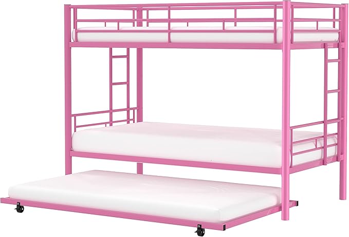 VECELO Bunk Bed Twin Over Twin with Trundle, Metal Bunkbeds with Ladder and Full-Length Guardrail, No Box Spring Needed, Space Saving, Noise Free, Pink